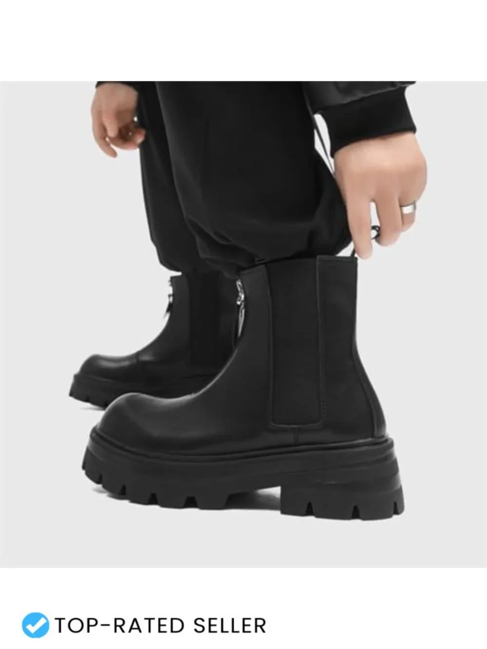 Men's Patchwork Leather Front Zip Chelsea Boots Platform Chunky Heel Ankle Boots
